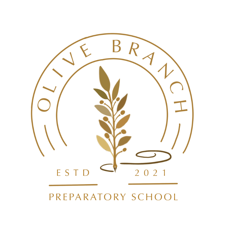 A gold olive branch and pen nib are centered within a circular emblem against a plain white background.