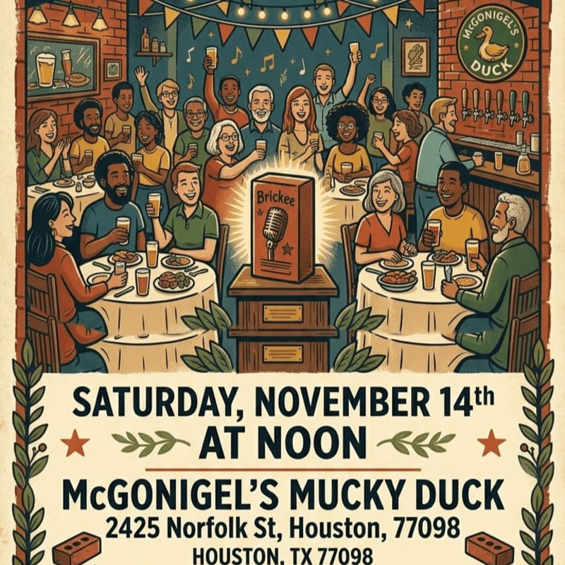 A diverse group of people dine and drink in a cozy pub setting behind a promotional event flyer for McGonigel's Mucky Duck.