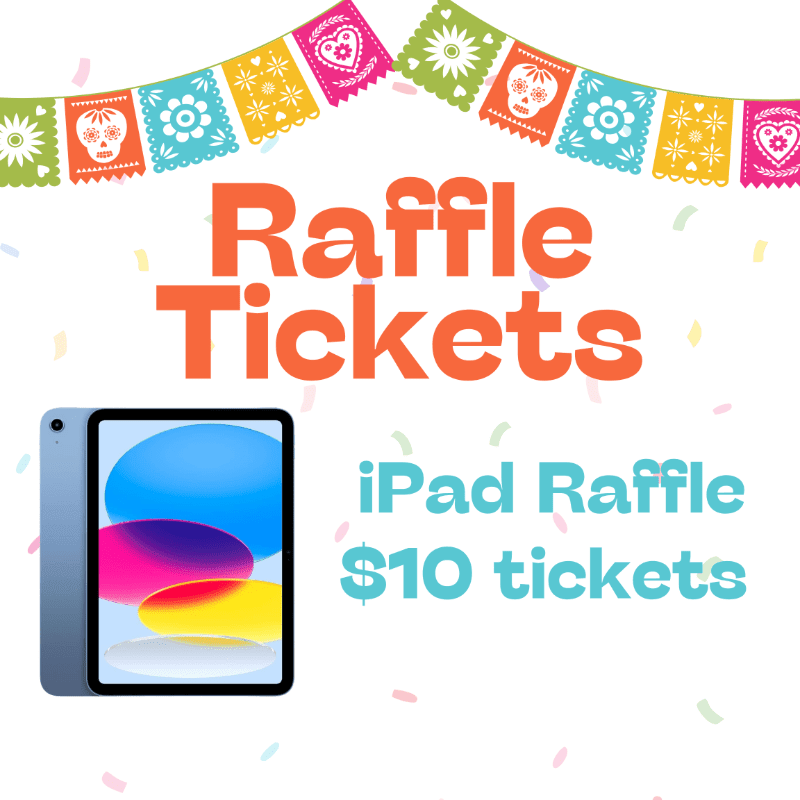 An iPad and text advertising a $10 raffle are set against a white background decorated with colorful festive banners and confetti.