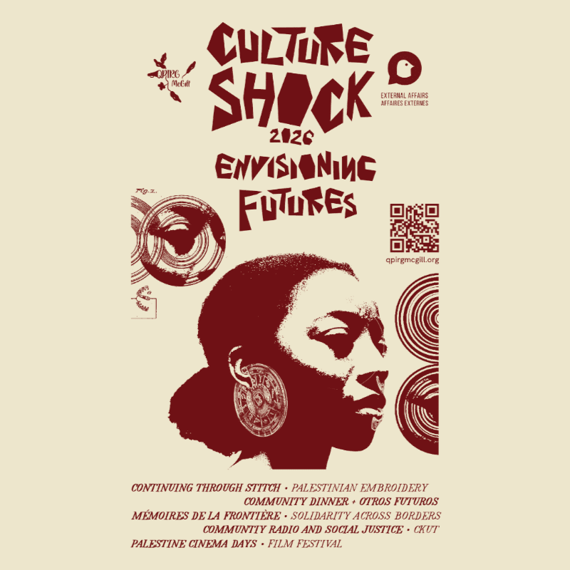 A stylized red and cream poster features a profile of a woman with a large earring in the foreground, set against a background of bold text and abstract circular patterns.