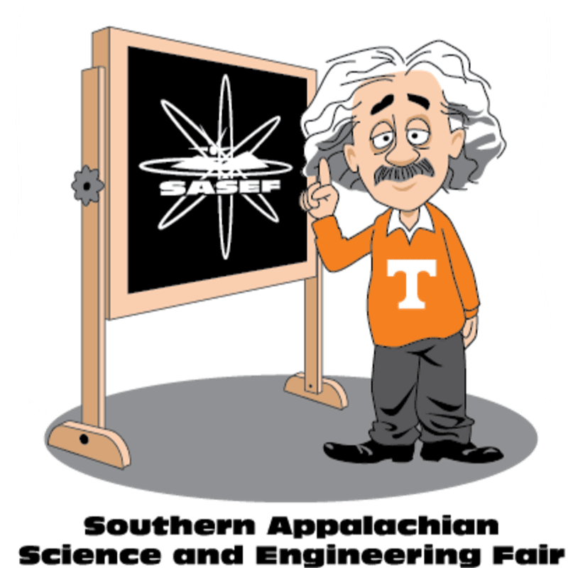 A cartoon of Albert Einstein wearing an orange shirt stands next to a chalkboard featuring the SASEF logo against a plain white background.