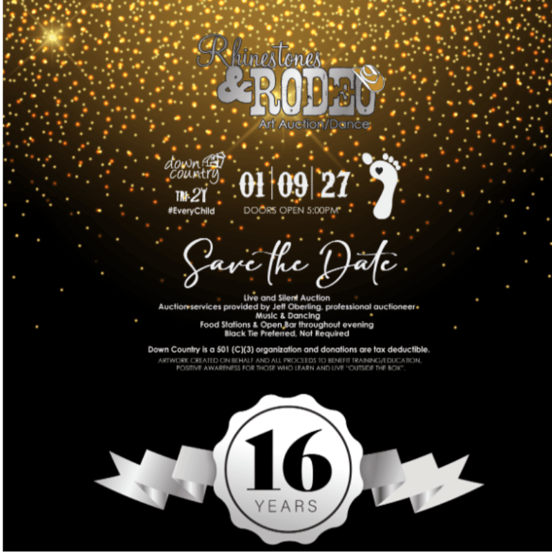 A "Save the Date" announcement for the "Rhinestones & Rodeo" event features white and gold text over a black background with gold glitter raining from the top.