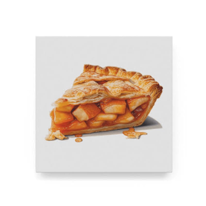 A slice of apple pie with golden-brown crust and juicy filling sits against a plain white background.