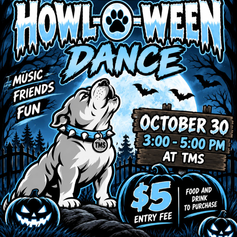 A white dog and carved pumpkins sit in the foreground of a spooky night scene featuring a large full moon, bats, and a "Howl-o-ween Dance" event announcement.