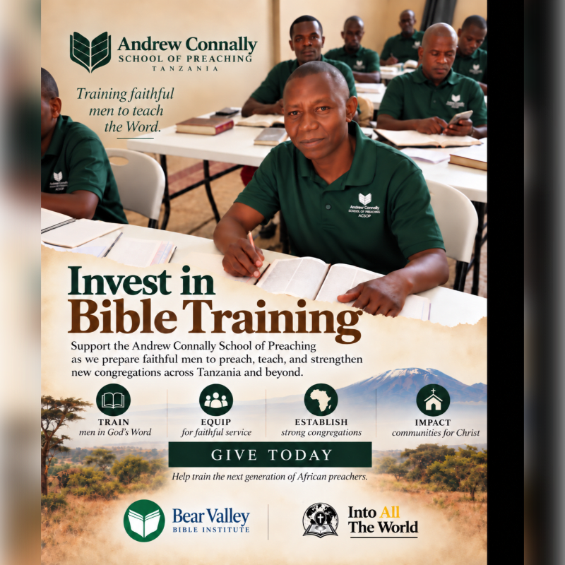 A man in a green polo shirt reads a Bible in the foreground, while other students sit at desks in a classroom background.