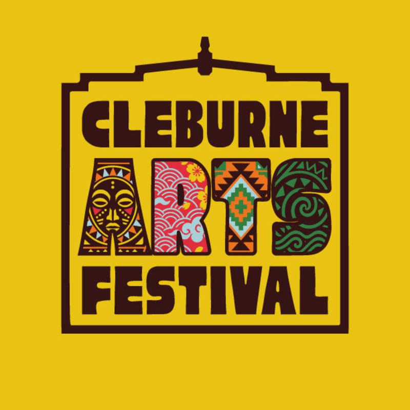 A colorful "Cleburne Arts Festival" logo featuring patterned letters inside a brown frame set against a solid yellow background.
