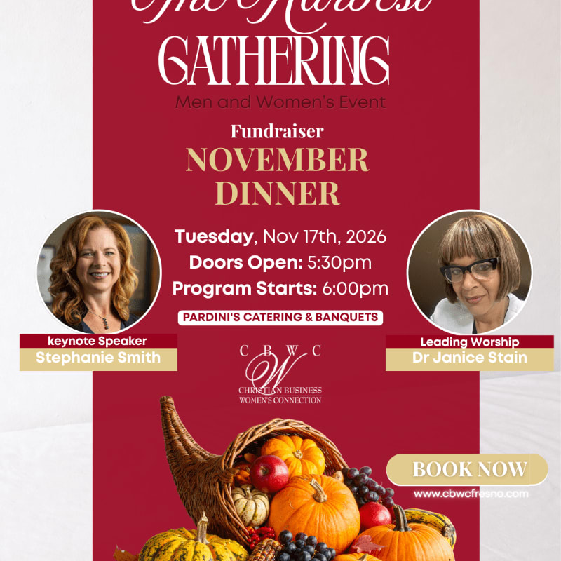A promotional flyer for a November fundraiser dinner features event details and speaker photos over a red center panel and a white textured background, with a cornucopia of autumn produce in the foreground.