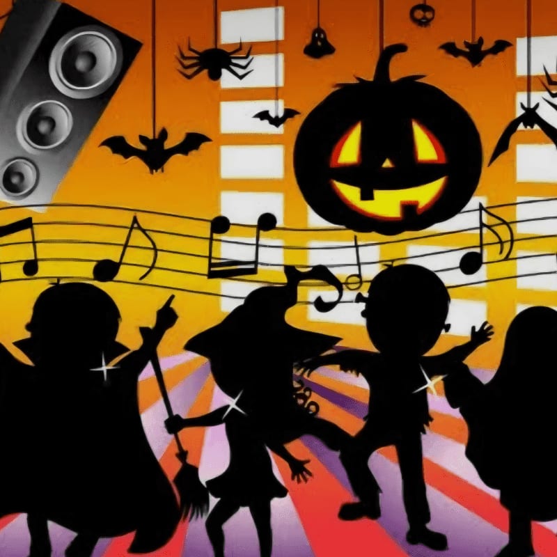 Silhouetted children in costumes dance in the foreground against a background of a glowing jack-o'-lantern, bats, spiders, and a large speaker.