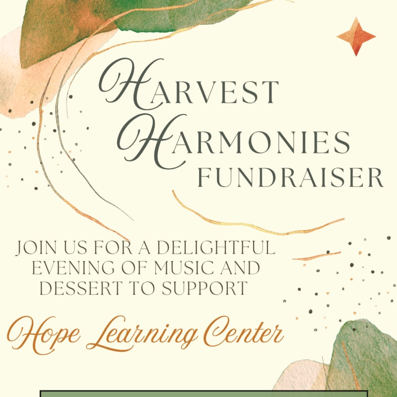 Elegant text announcing the "Harvest Harmonies Fundraiser" for the Hope Learning Center is set against a cream background with abstract watercolor splashes and gold accents.