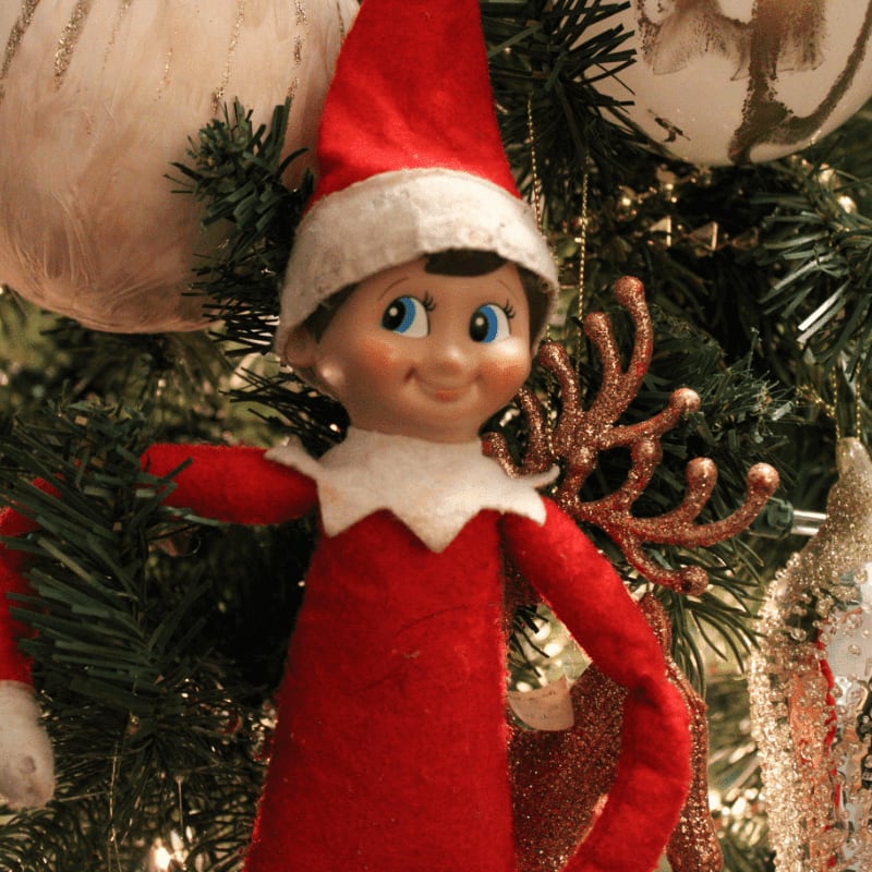 a christmas tree with an elf ornament hanging from it