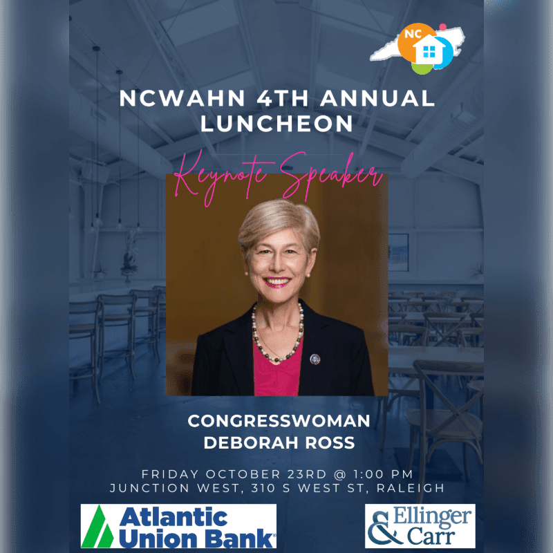 A promotional flyer for the NCWAHN 4th Annual Luncheon featuring a portrait of Congresswoman Deborah Ross in the foreground against a blurred interior background.