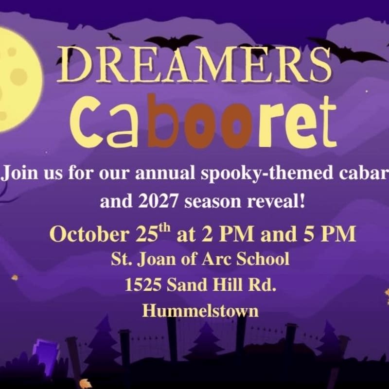 Text announcing a "Dreamers Cabooret" event is set against a purple spooky background featuring a yellow moon, bats, and silhouettes of trees.