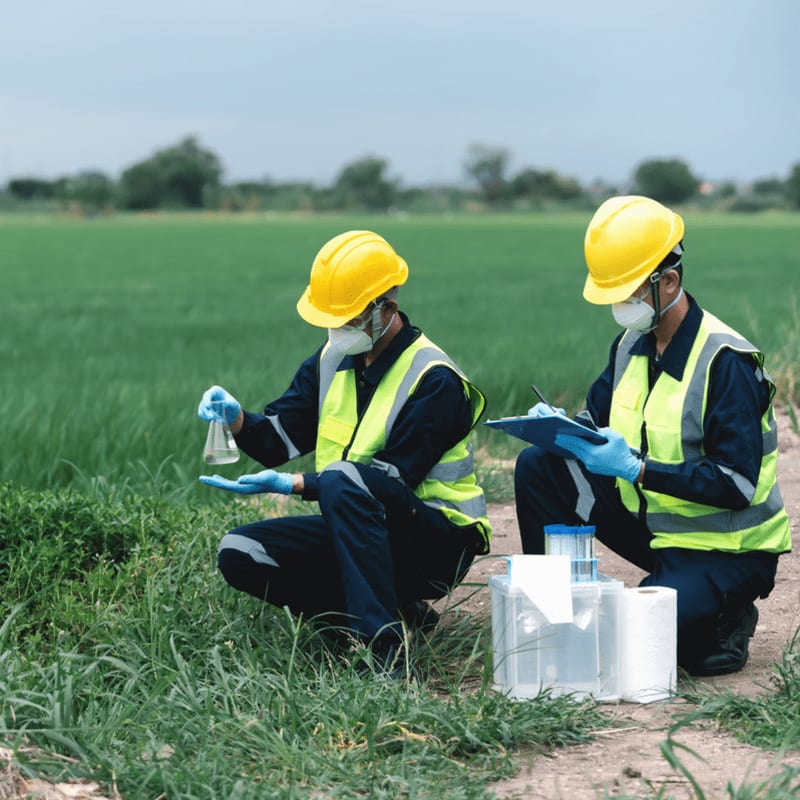Two workers in yellow hard hats and safety vests crouch in a grassy field, one holding a flask and the other writing on a clipboard.