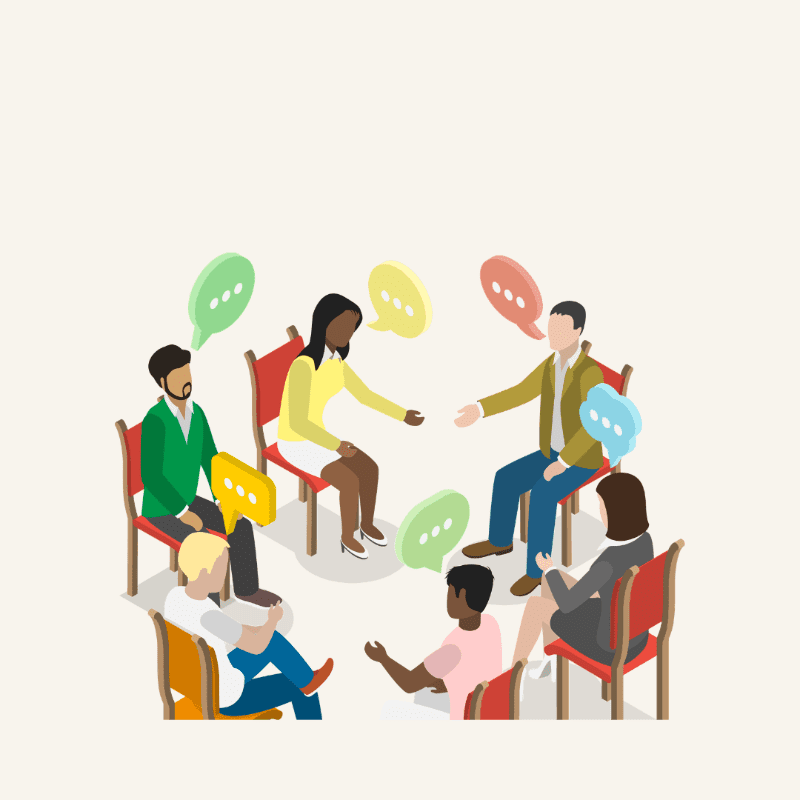 A group of diverse people sit in chairs in a circle, engaged in conversation with speech bubbles above their heads, against a plain, light-colored background.