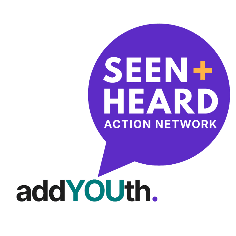 A purple speech bubble containing the text "SEEN + HEARD ACTION NETWORK" and the logo "addYOUth." are set against a plain white background.