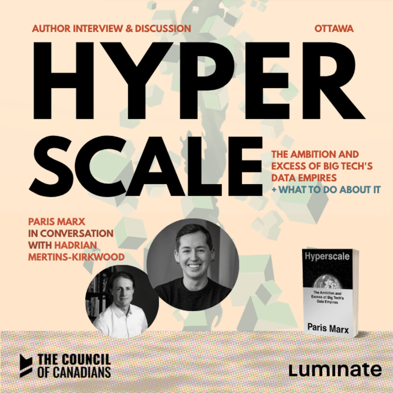 Bold black text reading "HYPER SCALE" and portraits of two men dominate the foreground against a light beige background featuring abstract geometric shapes and event details.