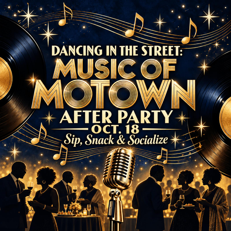 Elegant guests socialize around a vintage microphone in the foreground, set against a starry blue background featuring vinyl records and gold musical notes.