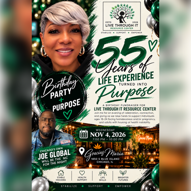 A promotional flyer for a birthday fundraiser features portraits of a woman and a man in the foreground against a background of green and silver balloons and event details.