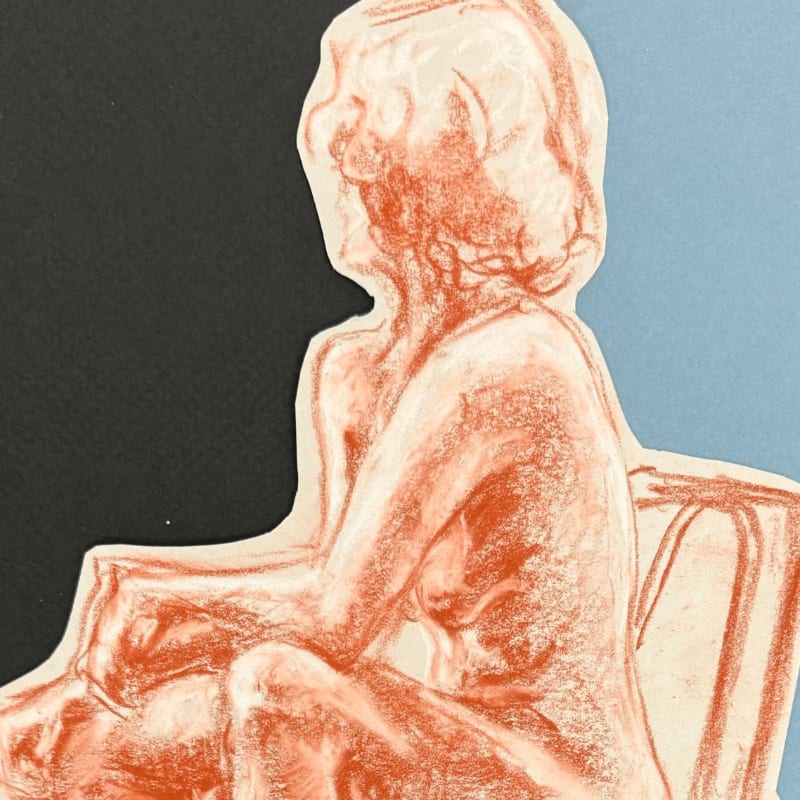An orange-toned sketch of a seated figure is positioned against a split background of black and light blue.