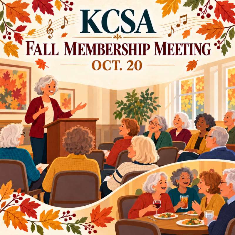 An older woman speaks from a podium to a seated audience in a bright room, with a smaller inset scene showing a group dining together, all framed by autumn leaves and event text.