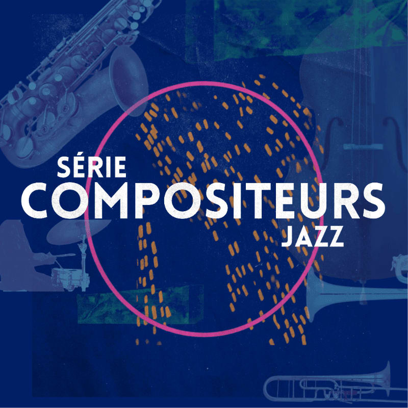 White text reading "SÉRIE COMPOSITEURS JAZZ" is centered over a pink circle and orange patterns, set against a dark blue background featuring various jazz instruments.