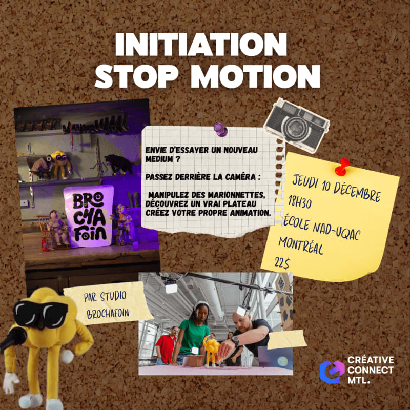 A yellow puppet character and promotional text for a stop motion workshop appear in the foreground against a corkboard background.