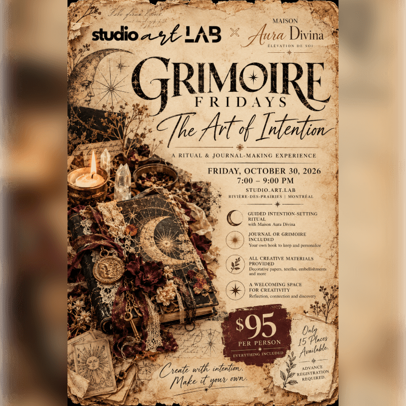 An ornate, leather-bound grimoire and mystical artifacts sit in the foreground against a parchment-style background featuring event details for "Grimoire Fridays."