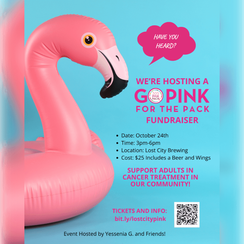 An inflatable pink flamingo stands in the foreground against a light blue background featuring text for a "Go Pink for the Pack" fundraiser.