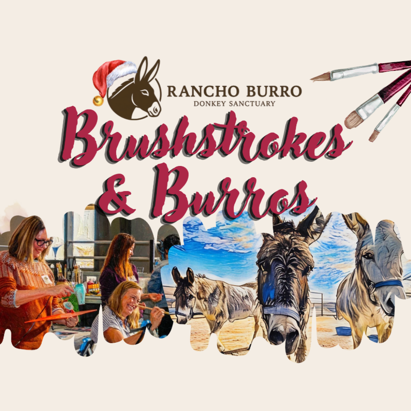 A promotional graphic for "Brushstrokes & Burros" features people painting in the foreground and a light-colored background with a donkey sanctuary logo and paintbrushes.