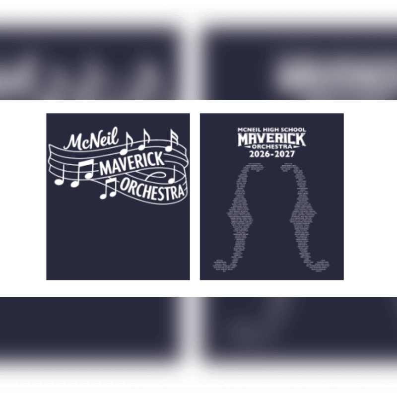 Two white graphic designs for the McNeil High School Maverick Orchestra are centered against a dark navy blue background.