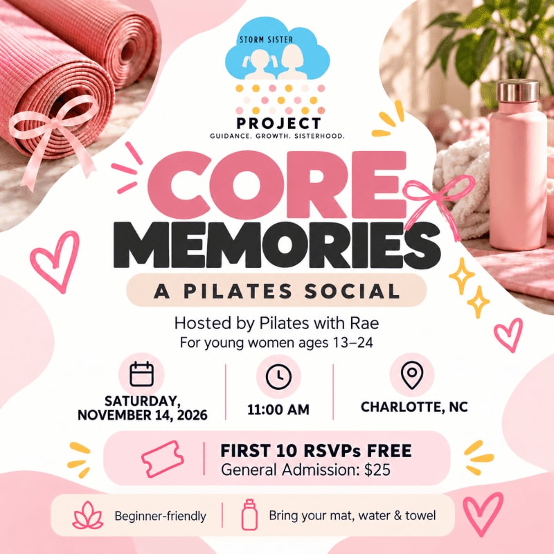 A pink and white promotional flyer for a Pilates social event is centered over a background featuring rolled yoga mats, a water bottle, and a plant.