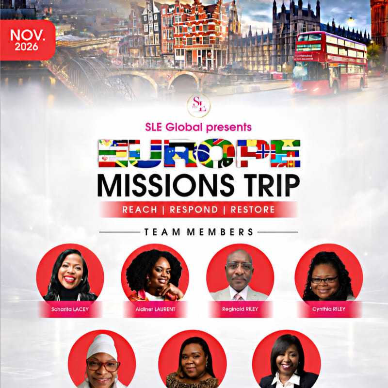 A promotional flyer for a Europe missions trip features a London cityscape with a red bus in the background and portraits of team members in the foreground.