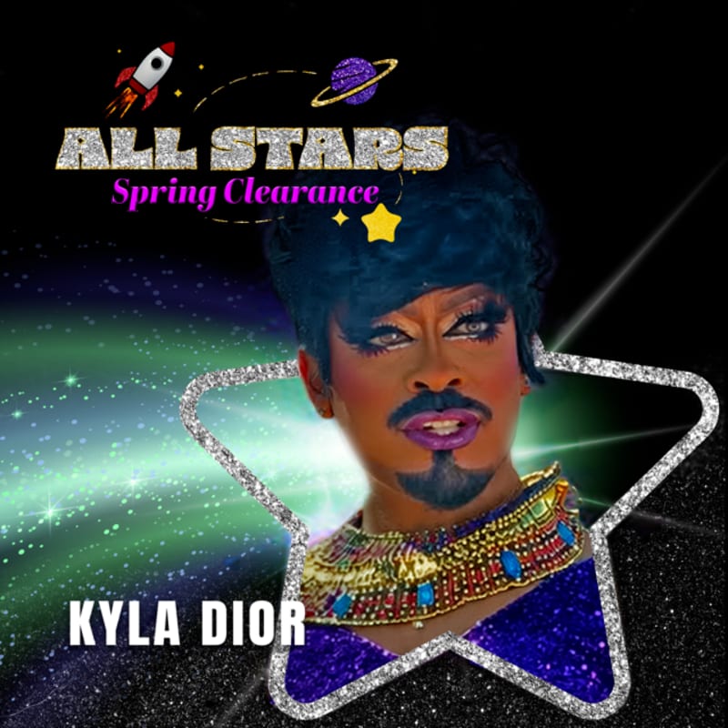 A person with bold makeup and a jeweled collar is framed by a glittery star against a cosmic background featuring a rocket, a planet, and the text "ALL STARS Spring Clearance."