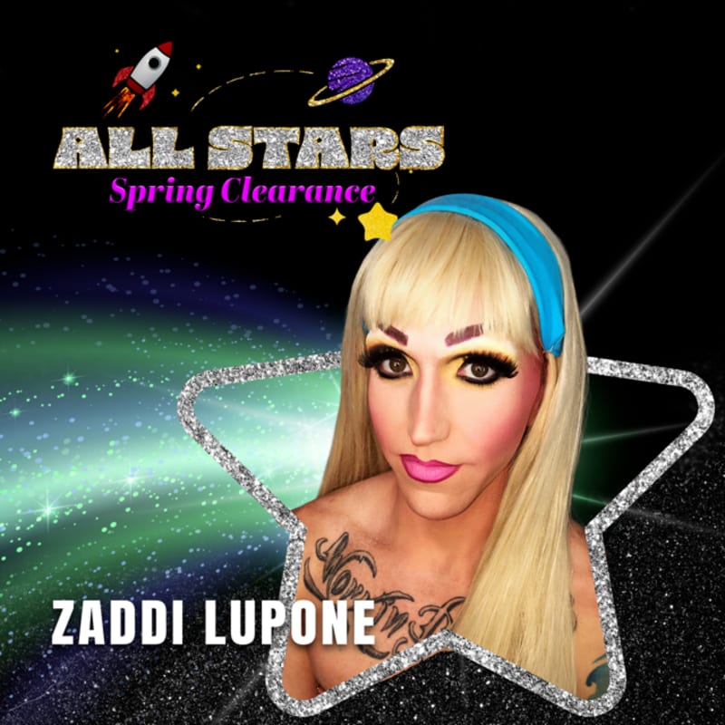 A person with blonde hair and bold makeup is framed by a glittery star against a cosmic background featuring a rocket, a planet, and the text "ALL STARS Spring Clearance."