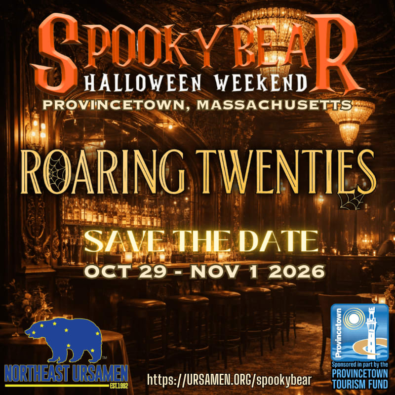 Text announcing the "Spooky Bear Halloween Weekend" and "Roaring Twenties" theme overlays a dimly lit, opulent vintage bar interior.