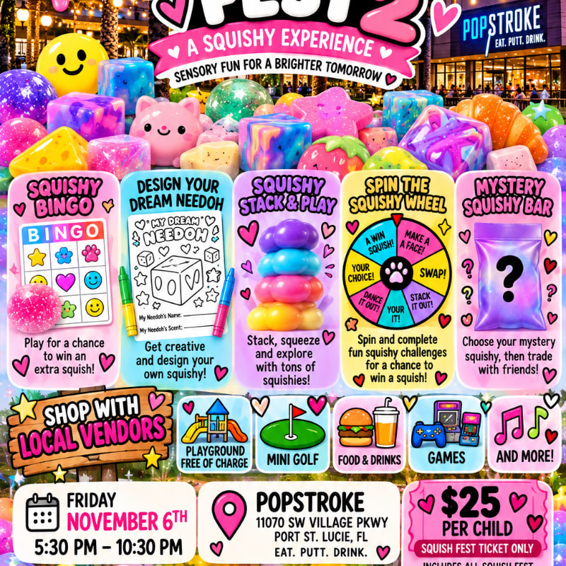 A colorful event flyer for "Squish Fest 2" features various squishy toys in the foreground and a blurred outdoor night scene with a "PopStroke" sign in the background.