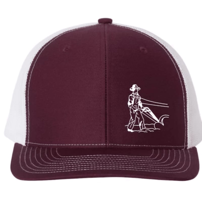 A maroon and white trucker hat featuring a white outline of a farmer with a plow is set against a plain white background.