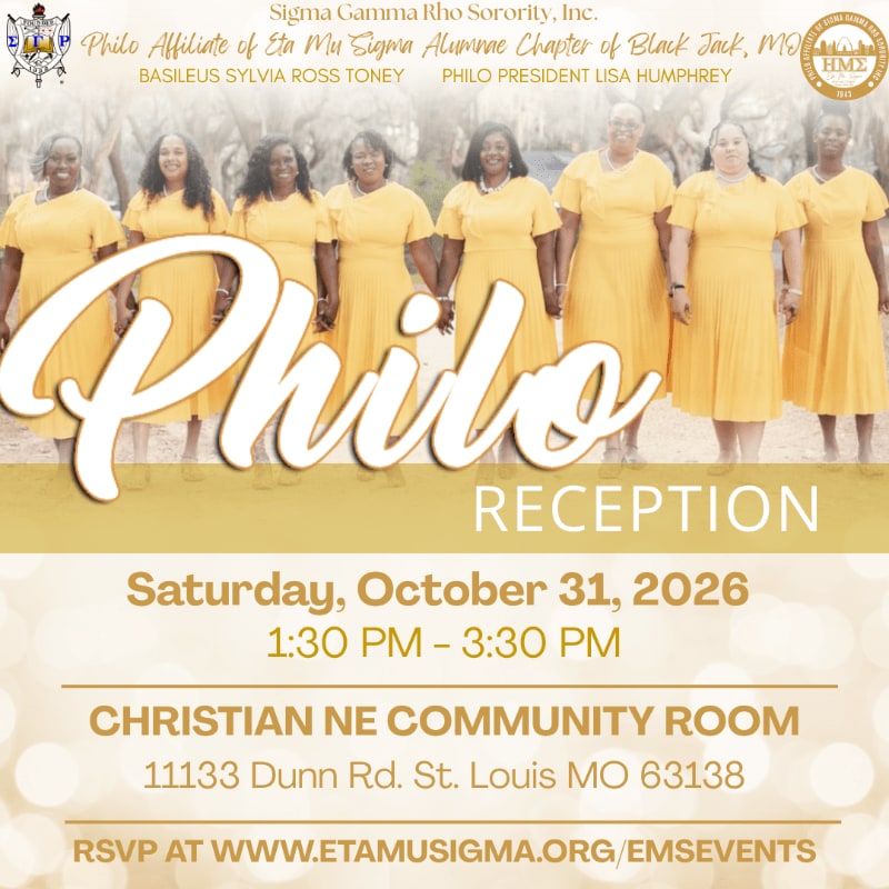 A group of women in yellow dresses stands in the foreground against a blurred outdoor background, overlaid with event details for a Philo Reception.