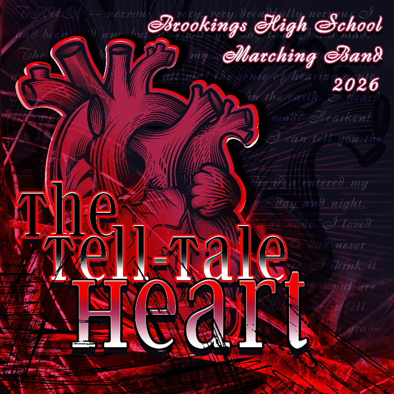 A stylized red anatomical heart and the text "The Tell-Tale Heart" sit in the foreground against a dark background of cursive handwriting and school band information.
