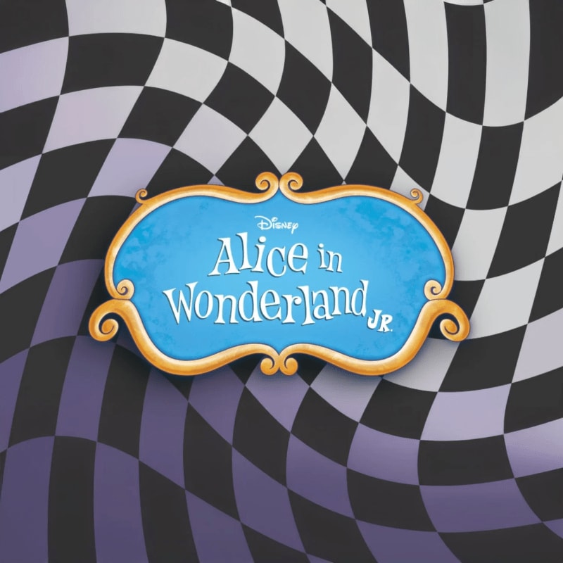 A blue "Alice in Wonderland Jr." sign with a gold border sits centered against a distorted black and white checkered background.