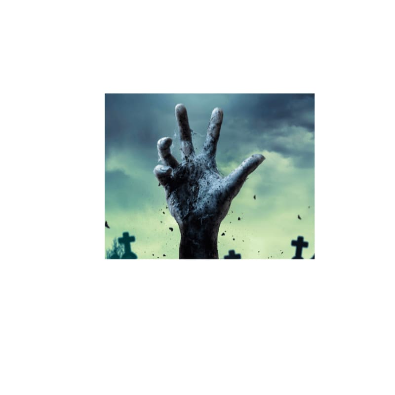 A decayed zombie hand reaches upward from a graveyard under a dark, cloudy sky.