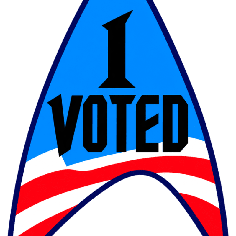 A blue and red patriotic emblem with the text "I VOTED" is centered against a plain white background.