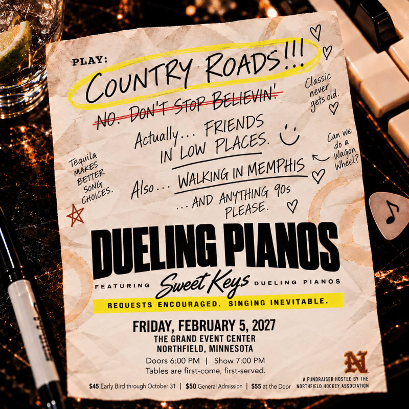 A flyer for a "Dueling Pianos" event with handwritten song requests sits on a dark surface next to a drink and piano keys.