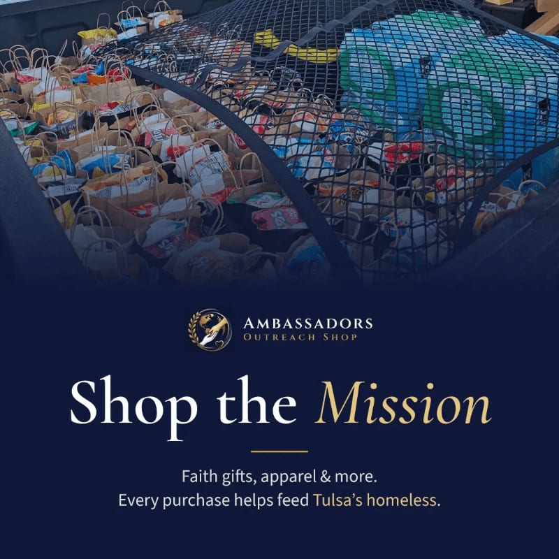 A dark blue promotional graphic features text and a logo in the foreground, overlaid on a background image of food bags and supplies in the back of a vehicle.