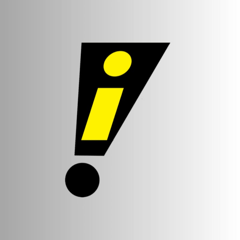 A yellow lowercase "i" inside a black slanted shape and a black dot below it are centered on a light gray gradient background.