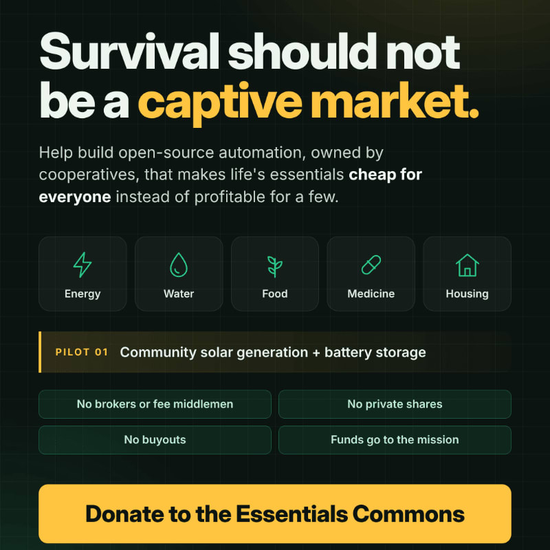 White and yellow text advocating for open-source automation of essentials is set against a dark, gridded background with various service icons and a donation button.