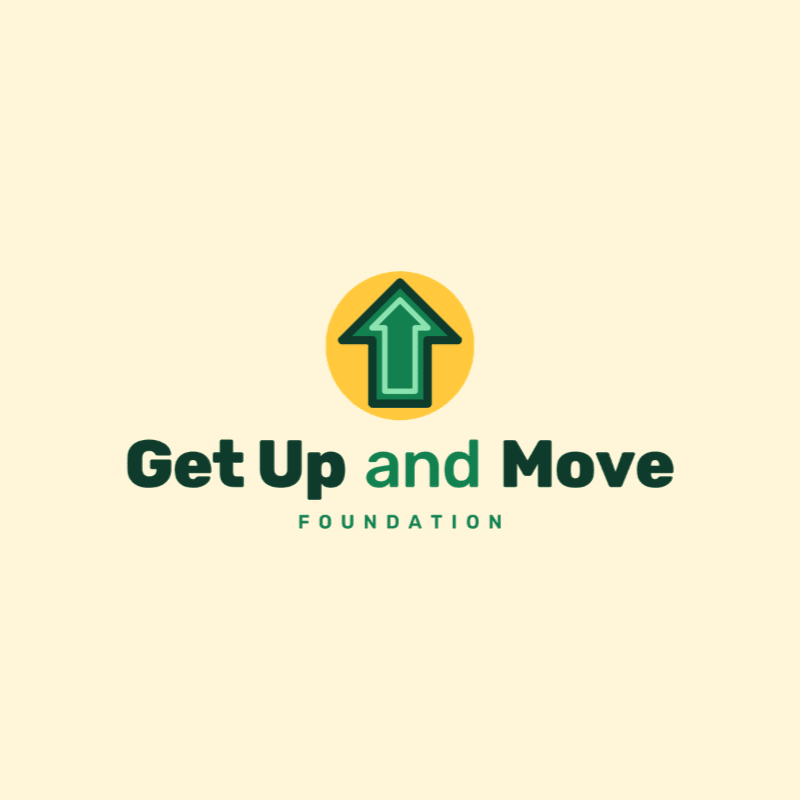 A logo featuring a green upward arrow inside a yellow circle above the text "Get Up and Move FOUNDATION" set against a pale cream background.