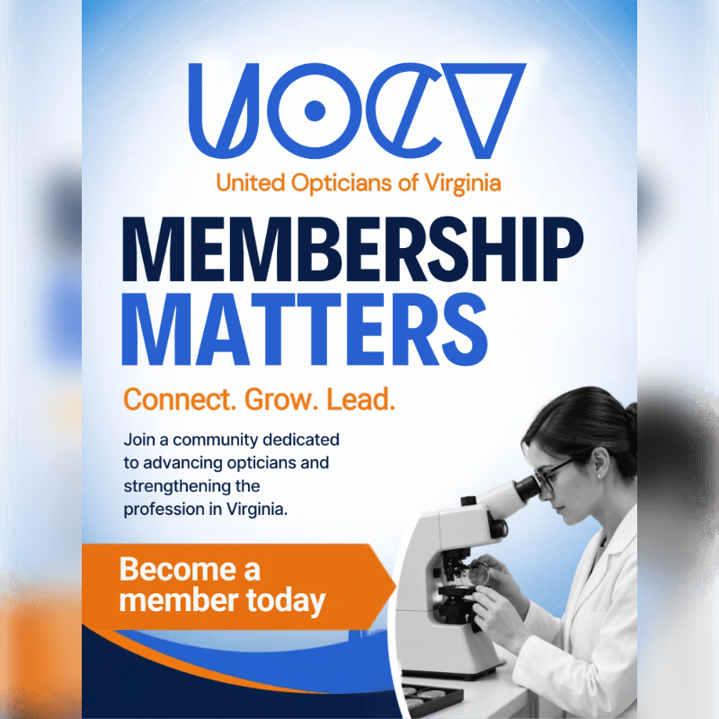 A woman in a white lab coat looks through a microscope in the foreground, set against a blue and white promotional background for the United Opticians of Virginia.