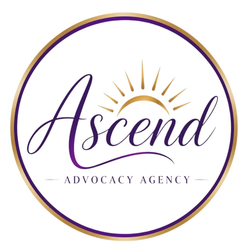 A purple script logo reading "Ascend Advocacy Agency" with a gold sun icon is centered within a gold and purple circular border against a white background.