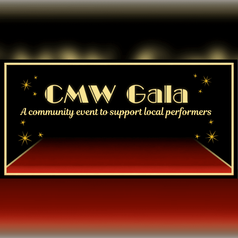 A gold-bordered black sign advertising the "CMW Gala" sits atop a red carpet against a blurred, dark background.